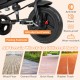 All-terrain wheels of the 4-in-1 baby trike, designed for various surfaces like wood, cement, and rubber tracks.