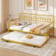 Twin daybed with curved backrest in gold, featuring a pull-out trundle for extra sleeping space in a stylish design.