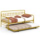 Twin daybed in gold with curved backrest and armrests, featuring a pull-out trundle for extra sleeping space.