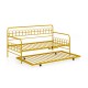 Twin daybed in gold with curved backrest and armrests, featuring a pull-out trundle for space-saving sleeping solutions.
