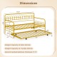 Twin daybed with curved backrest and armrests in gold, featuring dimensions and weight capacities for versatile use.