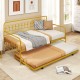Twin daybed with curved backrest in gold, featuring a pull-out trundle for extra sleeping space in limited areas.