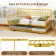 Twin daybed with curved backrest in gold, featuring a pull-out trundle for extra sleeping space and sturdy metal slats.