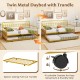 Twin metal daybed with curved backrest and armrests in gold, featuring a pull-out trundle for space-saving sleeping.