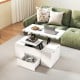 Expandable lift top coffee table in white with storage stools, perfect for dining or workspace in compact living areas.
