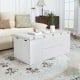 Expandable lift top coffee table in white with hidden storage and four stools, perfect for versatile living spaces.
