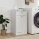 Tilt-out laundry hamper cabinet in white with drawer and removable bag, ideal for organizing laundry and bathroom.