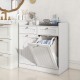Double tilt-out laundry hamper cabinet in white with 2 drawers and removable bags for organized bathroom storage.