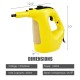 Handheld steam cleaner in yellow with 350ml tank, 1400W power, and 14-piece accessory kit for versatile cleaning.