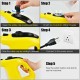 Handheld steam cleaner in yellow, showcasing steps for filling water and safety features, ideal for deep cleaning.