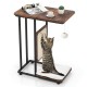 C-shaped cat side table in rustic brown, showcasing a scratching board and a cozy bed for your cat's relaxation.
