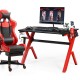 Ergonomic gaming desk featuring a large carbon fiber surface, R-shape steel frame, and adjustable feet for stability.