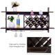 Wall mount wine rack in walnut finish with glass holder, storing ten bottles and displaying decor items.