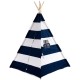 Blue and white striped children's play tent with a mesh window, perfect for indoor and outdoor fun and sleepovers.