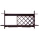 Wall mount wine rack in walnut finish with glass holder, storing up to ten bottles and showcasing decorative items.