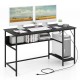 55-inch black computer desk with dual monitors, under-desk storage, and CPU stand, ideal for home or office use.