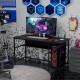 Black 55-inch computer desk with power outlets, under-desk shelf, and CPU stand, ideal for gaming and office use.