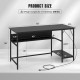55-inch black computer desk with power outlets, under-desk shelf, and sturdy metal frame for home or office use.