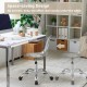 Clear acrylic armless office chair with adjustable height and chromed metal base, perfect for space-saving under desks.