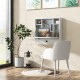Wall-mount floating desk in white with foldable surface, open shelves, and drawer, perfect for small spaces.
