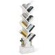 10-tier white tree bookshelf with open shelves and a drawer, ideal for corner space in living rooms or offices.