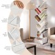 10-tier tree bookshelf in white with a drawer, featuring a triangular design for space-saving and stylish book storage.