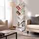 Tree-shaped 10-tier bookshelf in white with open shelves and a drawer, ideal for corner storage in living rooms or.