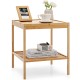 Bamboo nightstand with two tiers, featuring a waterproof surface and ample storage for living room or bedroom use.
