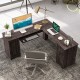 L-shaped office desk in dark brown featuring a spacious tabletop and pull-out keyboard tray, ideal for home or office.