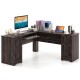 L-shaped office desk in dark brown with storage drawers, keyboard tray, and large tabletop for versatile workspace use.
