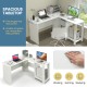 Large modern L-shaped computer desk in white with spacious tabletop and side storage shelves for efficient workspace.