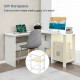 L-shaped white computer desk with side storage shelves, featuring cable holes for tidy wire management and a sturdy.