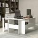 L-shaped white computer desk with large tabletop, side storage shelves, and cable holes for organized workspace.