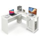 Large modern L-shaped computer desk in white with storage shelves and cable holes, ideal for corner workspace.