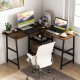 L-shaped corner computer desk in brown with storage shelves, sturdy metal frame, perfect for small workspaces.