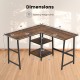 L-shaped corner computer desk in brown with detachable shelf, sturdy metal frame, ideal for small spaces.