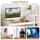 Computer desk with large white desktop, corner bookshelf, and two drawers for organized home office use.