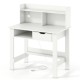 Home office computer desk in white with storage shelves, drawer, and built-in cable hole for organized workspace.