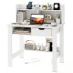 Home office computer desk in white with storage shelves, drawer, and built-in AC outlet for organized workspace.