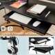 L-shaped black computer desk with monitor stand, keyboard tray, and built-in power outlet for efficient workspace.