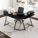 L-shaped black computer desk with power outlet, monitor stand, and sturdy metal frame, ideal for corner spaces.