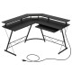L-shaped black computer desk with power outlet, monitor stand, and reversible keyboard tray for efficient workspace.
