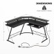 L-shaped black computer desk with dimensions, power outlet, and monitor stand for efficient workspace organization.
