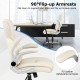 Ergonomic white PU leather office chair with flip-up armrests, waterfall seat cushion, and rocking function for comfort.
