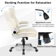 Ergonomic white PU leather executive chair with flip-up armrests and rocking function for office or home relaxation.