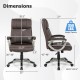 Swivel ergonomic office chair in brown with dimensions, featuring a waterfall seat cushion and 350 lbs weight capacity.