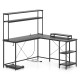 L-shaped black gaming desk with adjustable hutch, LED lights, and power outlets for an organized workspace.