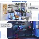 L-shaped reversible gaming desk in black with LED strip, power outlets, and ergonomic monitor stand for versatile use.