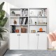 5-tier white freestanding bookcase with open cubes, adjustable shelves, and closed storage for home or office.