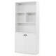 5-tier white freestanding bookcase with open cubes, adjustable shelf, and cabinet doors for versatile storage.